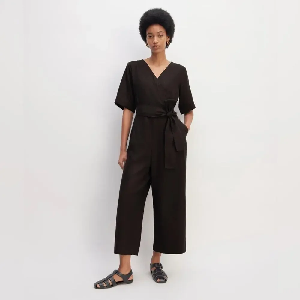 Everlane Black Linen Wrap Jumpsuit Size 6 NWOT Minimalist One Piece Sustainable